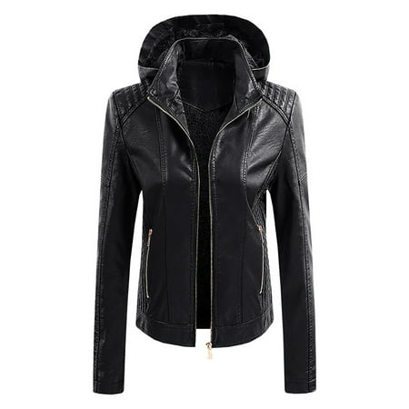 Leather Jacket Women Faux Oversized Motorcycle Bomber Coats Women Sweatshirt Button Slim Zipper Long Sleeve Jacket Warm Coat Leather Jacket Black L
