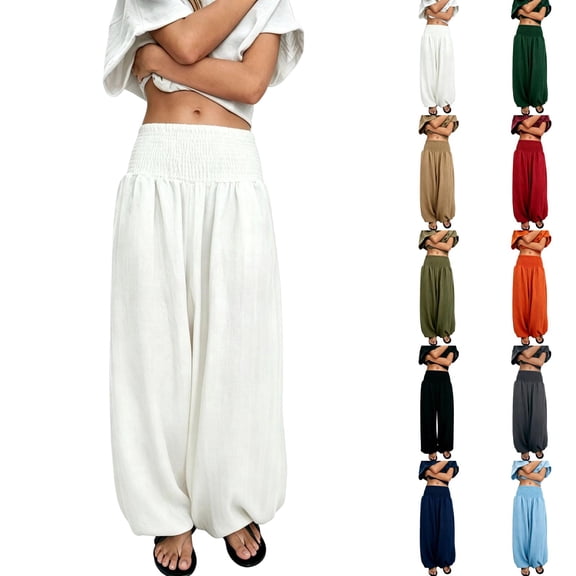 Women's Flowy Linen Palazzo Pants Shirred Sheer High Waisted Wide Leg Beach Trousers with Pockets Army Green 2XL