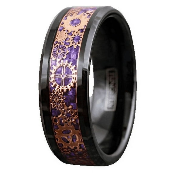 Tungsten Rings for Men Wedding Bands for Him Womens Wedding Bands for Her 8mm Black Rose Gold Plated Steampunk Clockwork Gears Purple