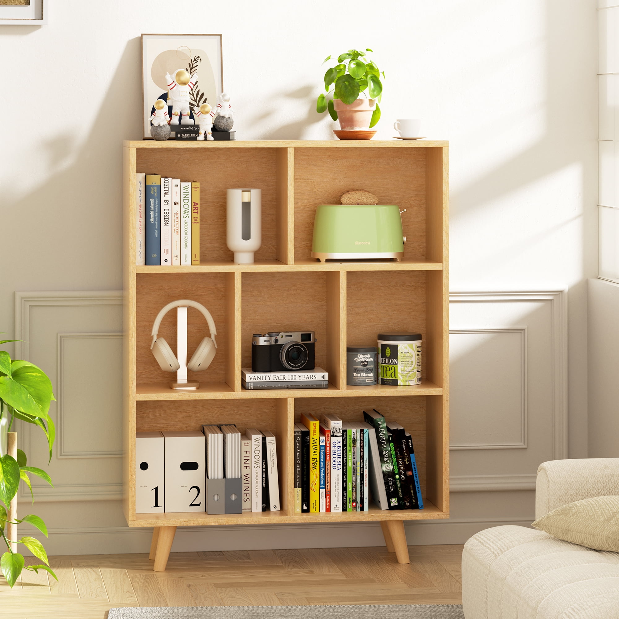 Walsunny Cube Bookcases Bookshelves 7 Cube Organizers with Legs 43" Tall Wooden Open Storage Display Bookshelf for Living Room Bedroom Office Natural Wood Color