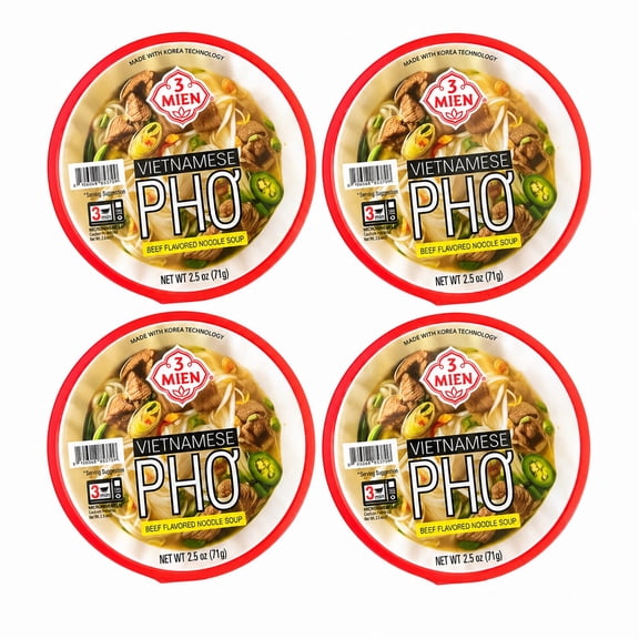 3 Mien Vietnamese Pho Beef Flavored Noodle Soup Bowls, 2.5 oz Each, 4 Pack Instant Microwave Rice Noodles