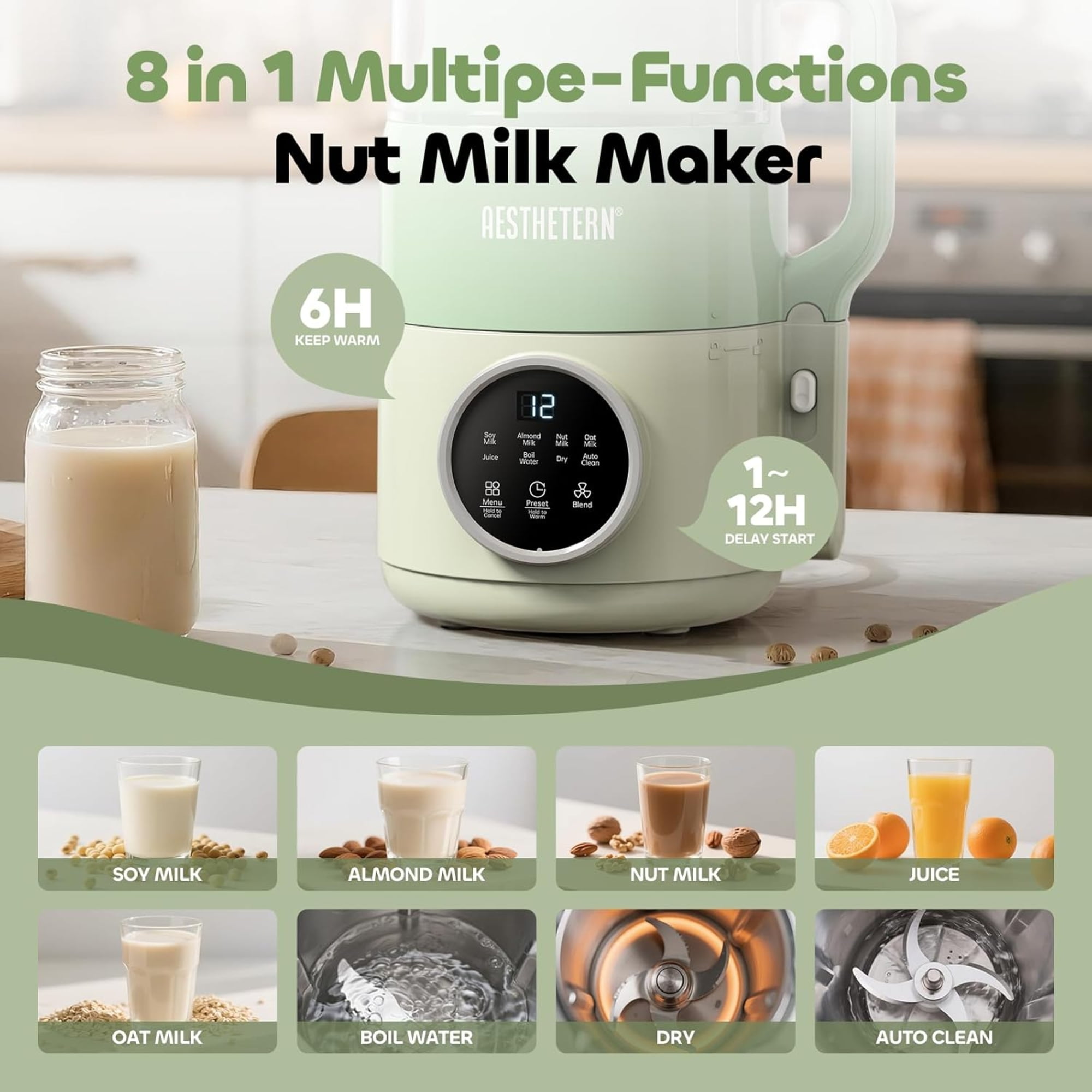 AESTHETERN AES-NMM-GN Nut Milk Maker Machine, High-Speed Blender with 8 Presets