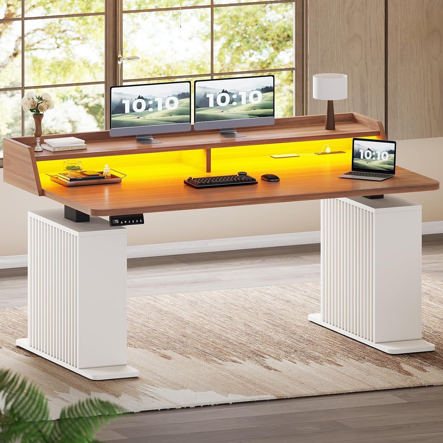 Farmhouse Standing Desk with Storage, 55" Stand Up Home Office Desk with Power Outlets & LED Lights，Fluted Design Computer Desk, Height Adjustable Table with Monitor Stand, White & Brown Top