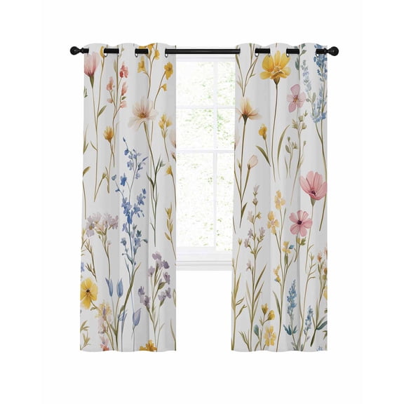 Rustic Vintage Blackout Curtains 63 Inch Length Wildflower Colorful Floral Blossom Plant Thermal Insulated Window Curtain Window Drapes 2 Panels for Bedroom Living Room 52"Wx63"L