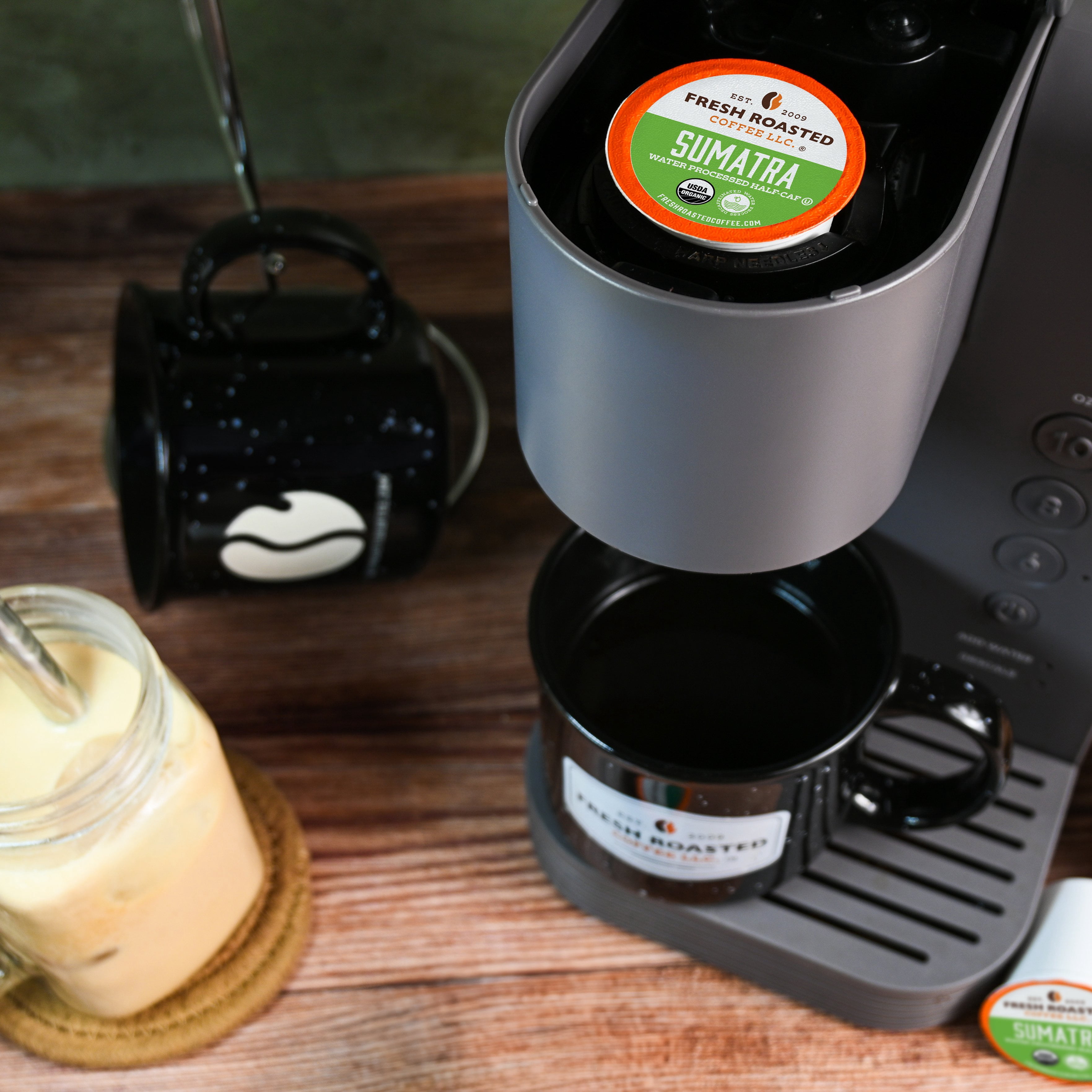 Fresh Roasted Coffee, Organic Sumatra Water-Processed Half Caf, Medium Roast, K-cup Compatible, 72 Count