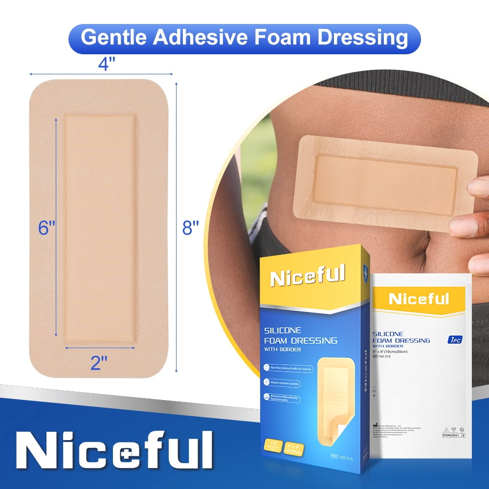 Niceful Silicone Foam Dressing  Waterproof Silicone Bandages with Border Adhesive, High Absorbency Bed Sore Bandages Wound Care Dressing, 4"x8", 10 Packs, FSA HSA Eligible