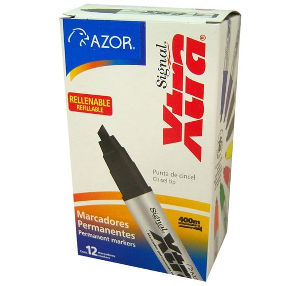 Marcador Azor Signal Xtra Permanente, Negro, Punta Cincel 6 mm, 12 pzas