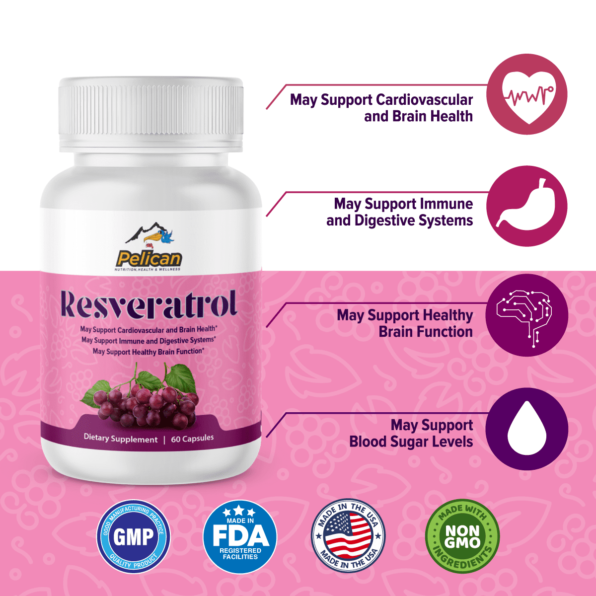Resveratrol- Anti-Aging & Brain Health- 2 Bottles-120 Capsules-Pelican Vitamins