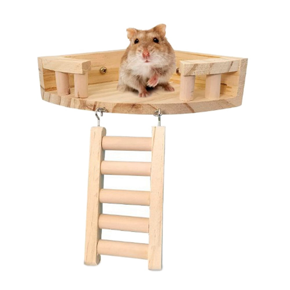 Hamster Wooden Platform with Ladder Natural Small Animal Standing