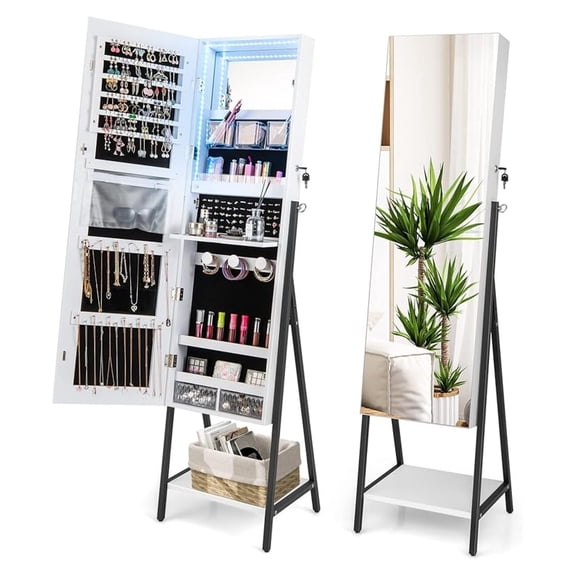 Jewelry Armoire with Mirror, Lockable Jewelry Cabinet Organizer with Lights, 3 Modes, Foldable Tray, Drawers & Shelves (White)