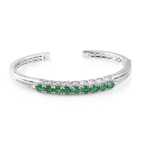 - 925 Sterling Silver Platinum Plated Oval Emerald Zircon Cuff Bangle Bracelet for Women 7.25