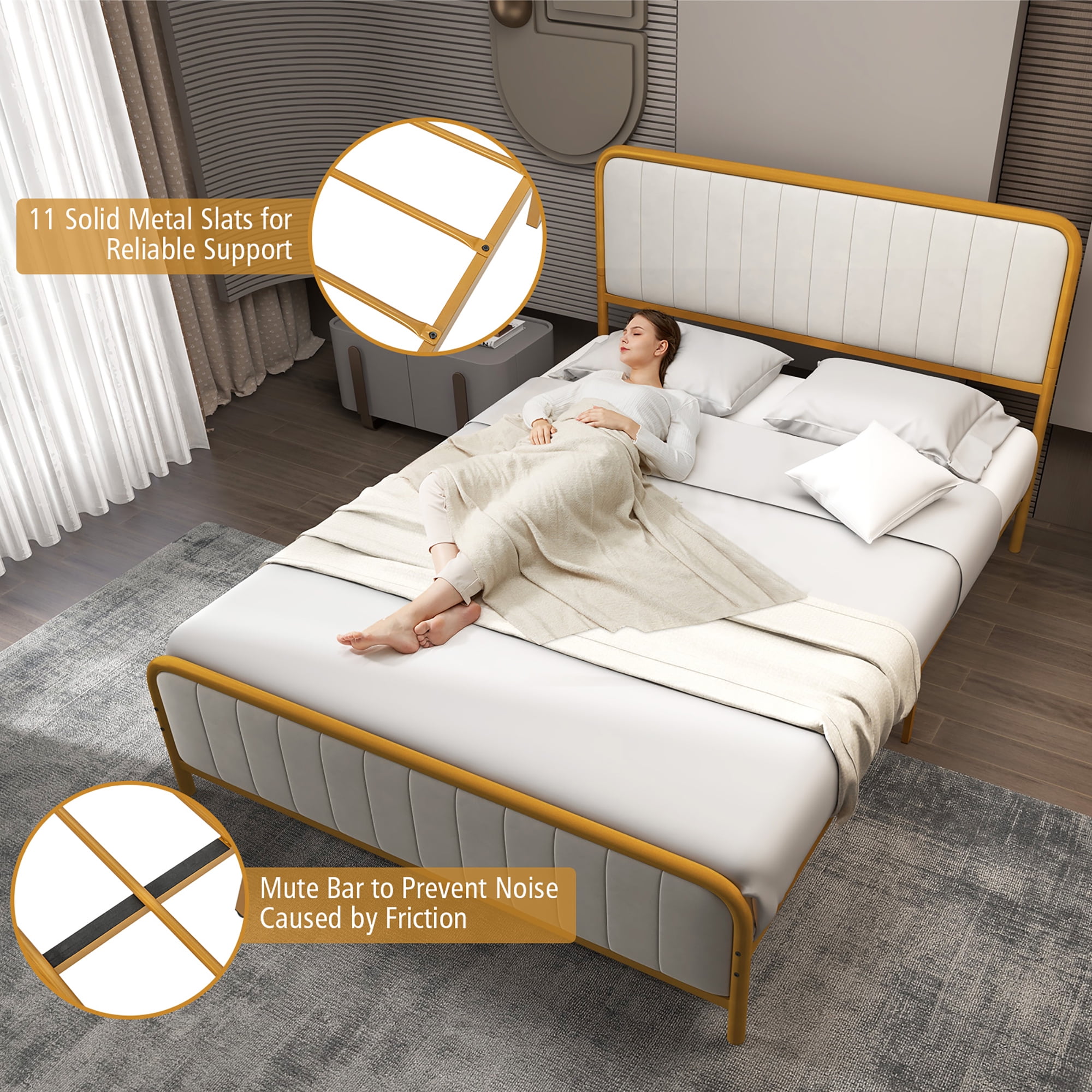 Costway Queen Gold Metal Bed Frame Upholstered Platform Bed with Velvet Headboard