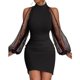 thumbnail image 1 of Women Split Cold Shoulder Sheer Mesh Puff Long Sleeve Bodycon Midi Pencil Dress Sequins Nightclub Package Hip Dresses flower black XXXL, 1 of 4
