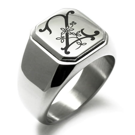 Initial Signet Ring - Stainless Steel Letter Z Initial Floral Monogram Engraved Engraved Square Flat Top Biker Style Polished Signet Ring