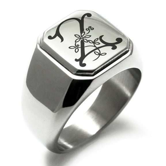 Stainless Steel Letter Z Initial Floral Monogram Engraved Engraved Square Flat Top Biker Style Polished Signet Ring