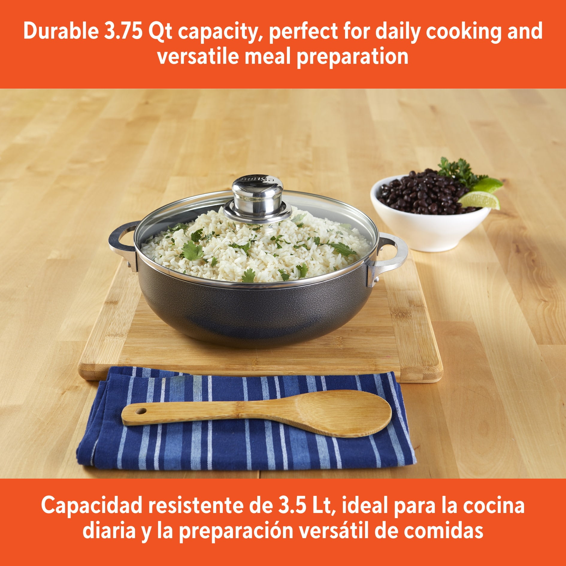 IMUSA 3.2qt Charcoal Aluminum Nonstick Caldero with Glass Lid, Black