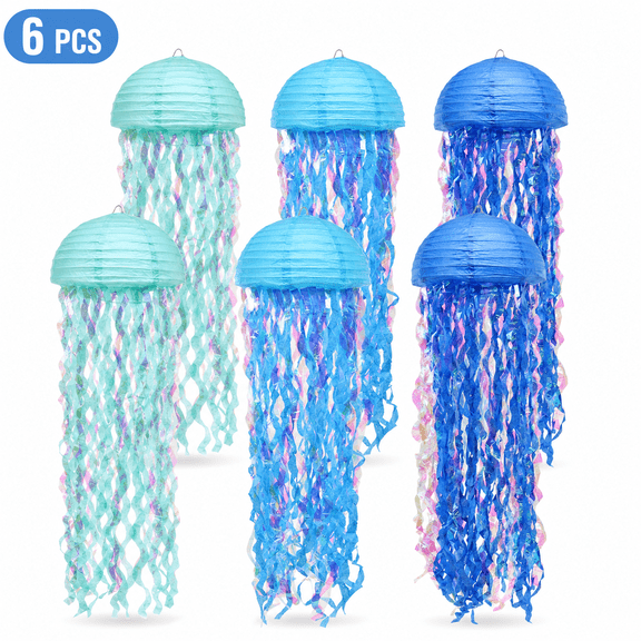 Jelly Fish Paper Lanterns, Blue Hanging Lantern for Under the Sea Mermaid Party Supplies, Birthday Baptism Wedding Ocean Wall Decoration
