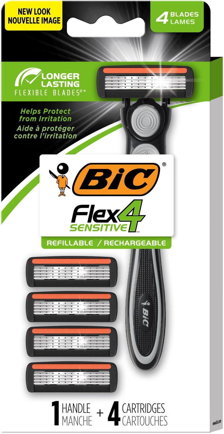 Rasoirs rechargeables BIC Flex 4 pour hommes, lames de rasoir à 4 lames durables pour un rasage lisse et confortable, 1 manche et 4 cartouches, kit de rasage 5 pièces.