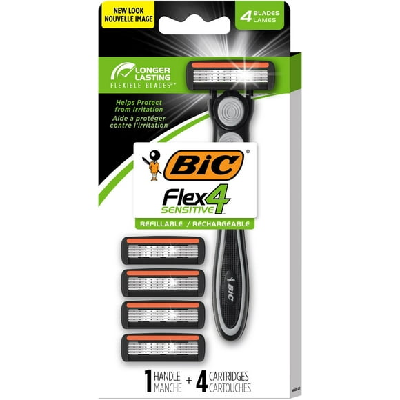 BIC Flex 4 Refillable Razors for Men, Long-Lasting 4 Blade Razors for Sensitive Skin, 1 Handle and 4 Cartridges, Shaving Kit