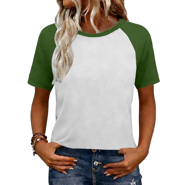 Camisetas de manga corta de verano para mujeres Moda de manga de raglan Color bloqueado cuello redondo Blusa casual Camisetas de manga corta de mujer Casual