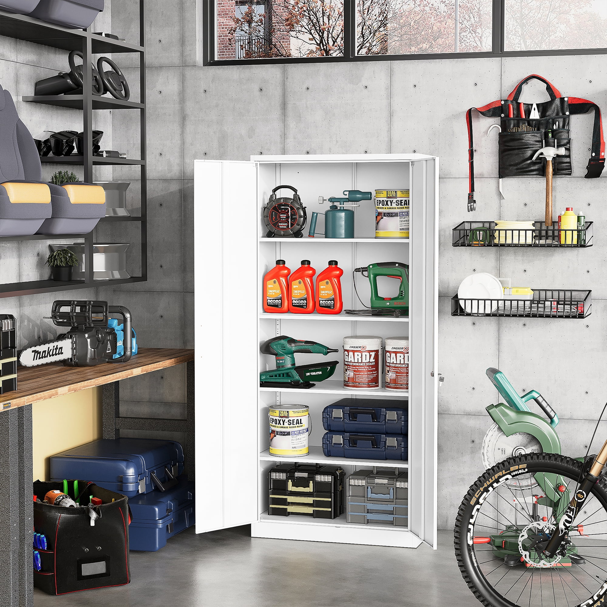 Fesbos Metal Garage Storage Cabinet with 2 Doors and 4 Adjustable Shelves, 71 Inches Tall White Steel Locking Tool Cabinets for Office, Home, Garage, Gym, School, Warehouse