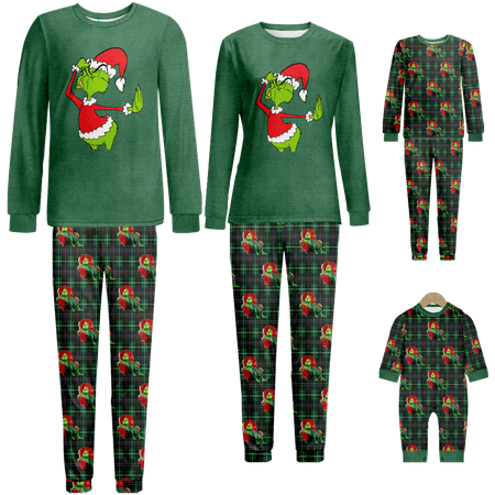 

Family Christmas Pajamas The Grinch Plaid Printed Baby-Kids-Adult-Pet Size 2-Piece Top and Pants Bodysuits Unisex Pajamas Sets
