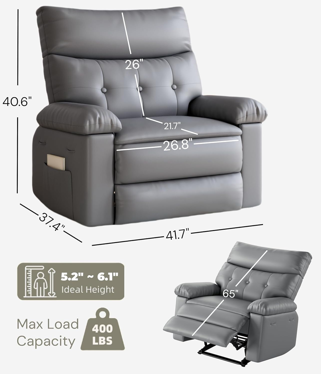 Oversized Wide Recliner Chair - Faux PU Leather Large Manual Recliner for Adults, Exceptional Comfort Lazy Chair with 1.5X Sponge Filling and Easy Recline Mechanism for Relaxation
