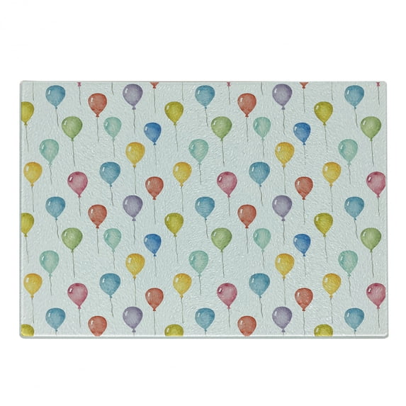 Colorful Cutting Board, Festival Entertainment Carnival Flying Balloons Watercolors Celebration Surprise, Decorative Tempered Glass Cutting and Serving Board, Small Size, Multicolor, by Ambesonne