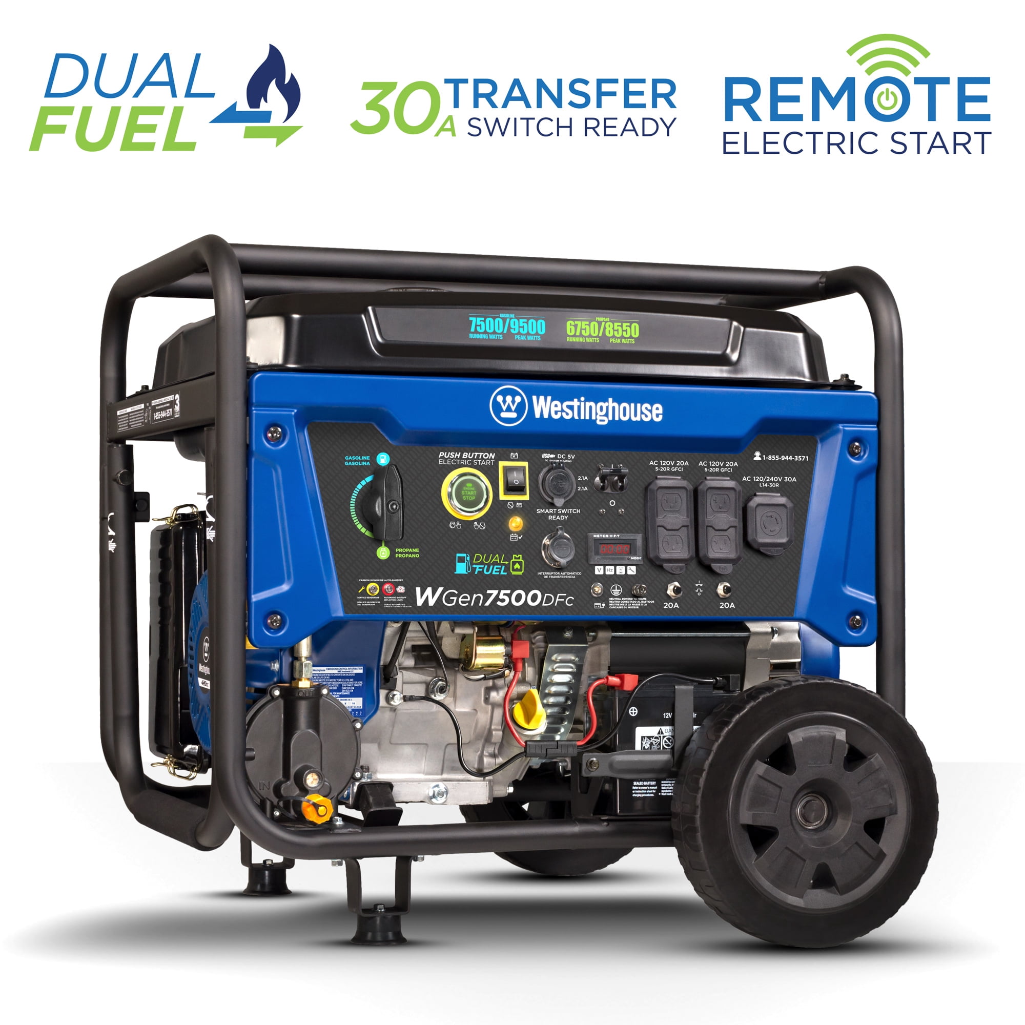 Westinghouse 9500 Peak Watt Home Backup Dual Fuel Portable Generator, Transfer Switch Ready, CO Sensor