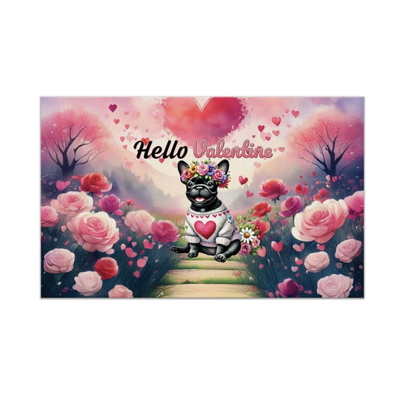 Hello Valentine’s Day French Bulldog Flower Crown Romantic Pink Floral Doormat Dog Lover Gifts Indoor Outdoor Welcome Mat - 00031
