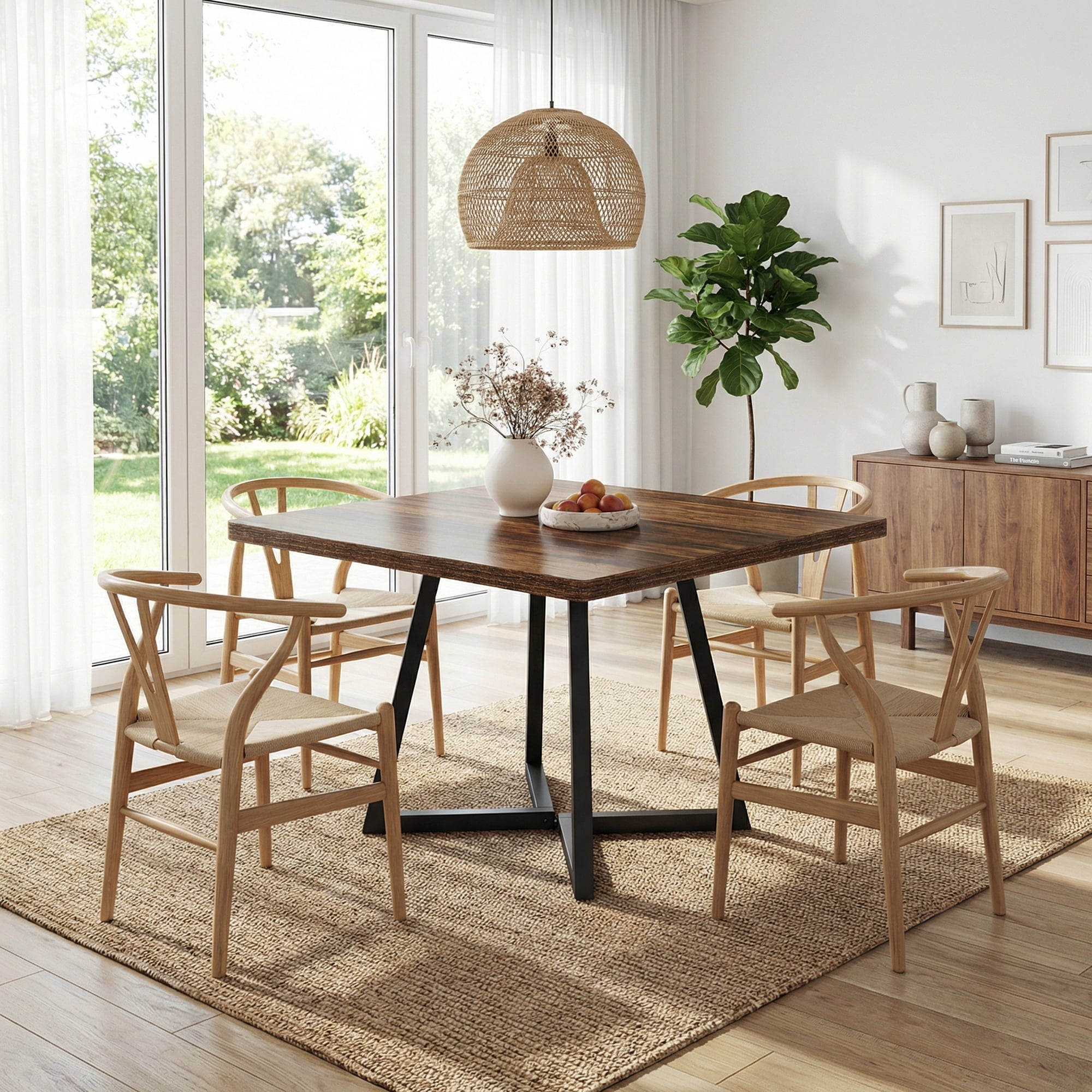 31.5 Inch Square Dining Table, Industrial Style Small Kitchen Table With Sturdy Metal Base, Space-Saving Dinner Table For 2-4 People, Brown Finish For Modern & Rustic Decor