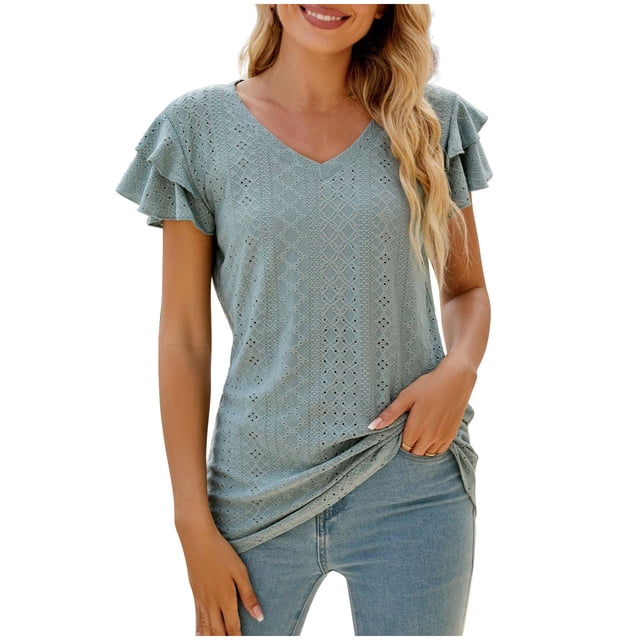 AherBiu Summer Tops for Women Layered Ruffle Cap Sleeve V Neck Tunic Top Shirts Blouse Solid Color