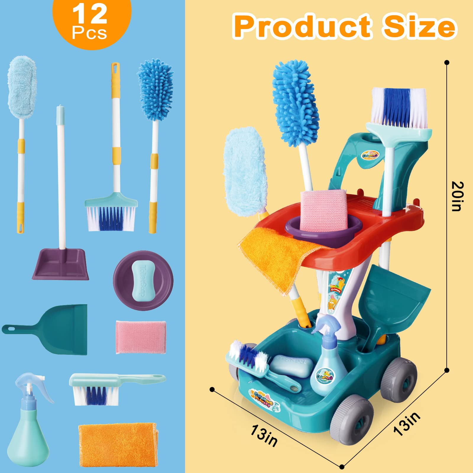 Kids Cleaning Set for Toddlers, Detachable 20 Pcs Pretend Play Set,  Educational Toddler Cleaning Carts