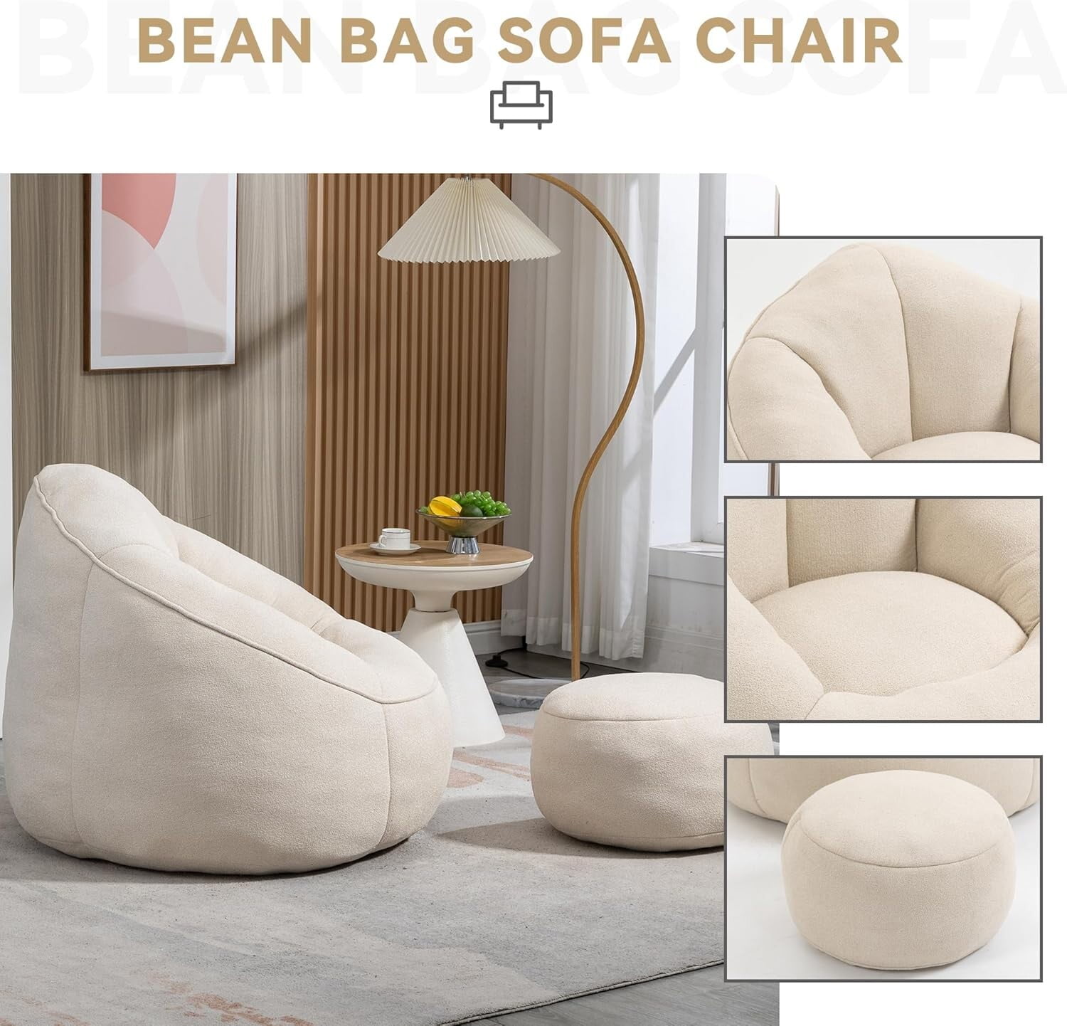 Bean Bag Chair for Adult,Microfiber Upholstered Sofa with Footstool Shell-Shaped Memory Foam Stuffed Lazy Sofa