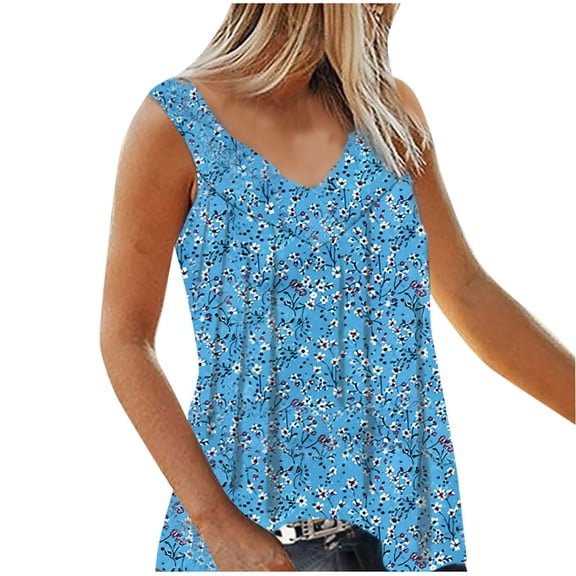Aofany Summer Womens Plus Size Tank Tops V Neck Casual Flowy Sleeveless Shirts Printed Blouse