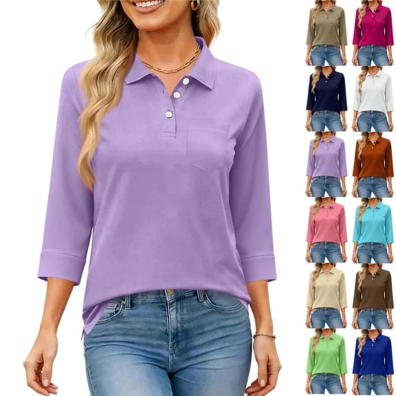 Polo Shirts for Women 3/4 Length Sleeve Golf Shirts 3-Button Quick Dry Workout Tops Collared for Work Running Tennis,Light Purple XXL