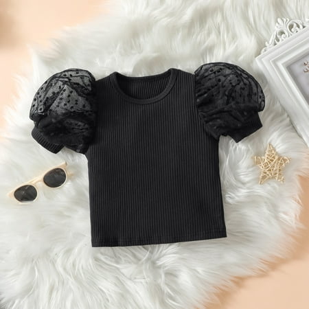 

Cathalem Girl Outfit Baby Toddler Kids Baby Girls Tulle Puff Sleeve Ribbed T Shirt Tops PU Leather Lacing Simple Cute Outfits Childrenscostume Black 4 Years