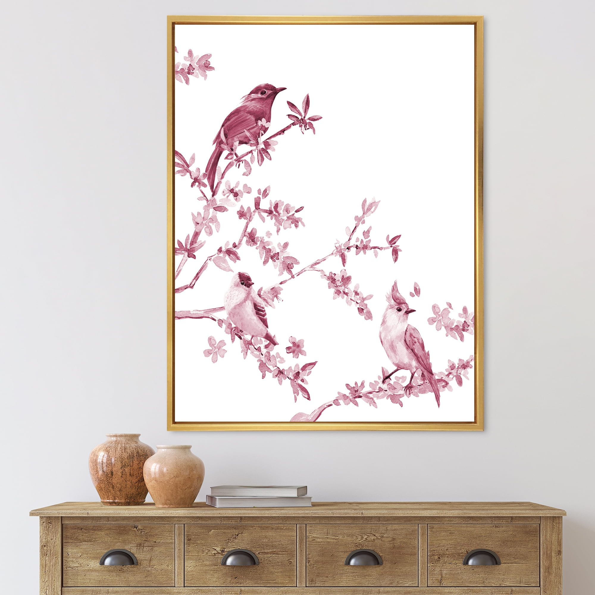 Designart 'Beautiful Pink Birds Sitting On Flowering Branches' Traditional Framed Canvas Wall Art Print