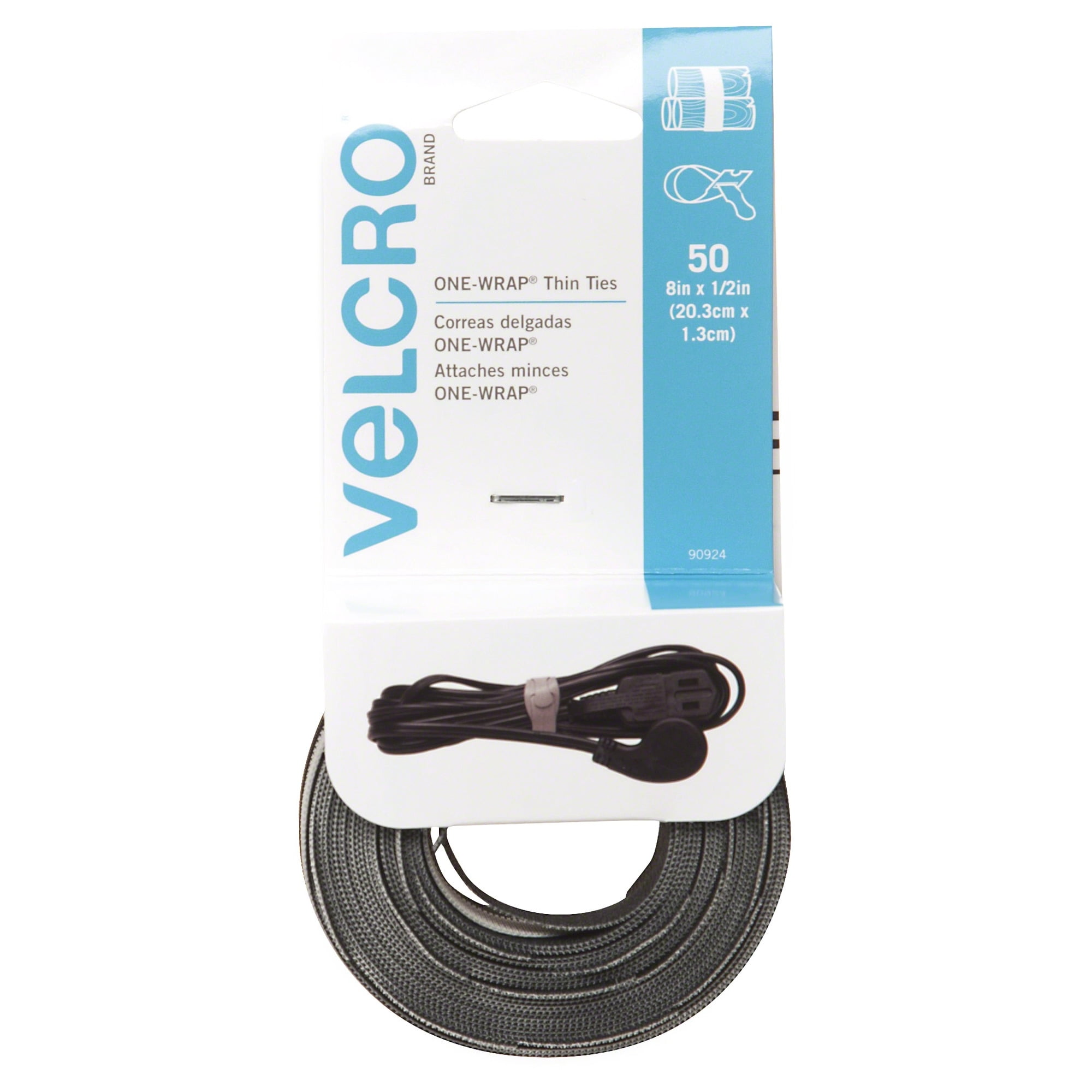 VELCROBrand ONE-WRAP Cable Management,Reusable,LightDuty 8"x1/2"Ties,Black/Gray 