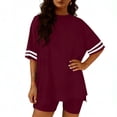 thumbnail image 3 of BRGZLK Lounge Sets for Women Casual Loose Short Sleeve Round Neck Stripe Tops Elastic Waist Biker Shorts Lightweight Soft Comfy 2 Piece Outfits Wine M, 3 of 5