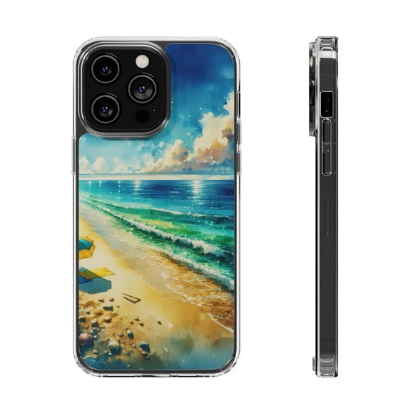DistinctInk Hybrid (Acrylic / TPU) Clear Slim Fit Case for Apple iPhone 15 Pro (6.1" Screen) - Title: Serene Shoreline: A Beach Oasis