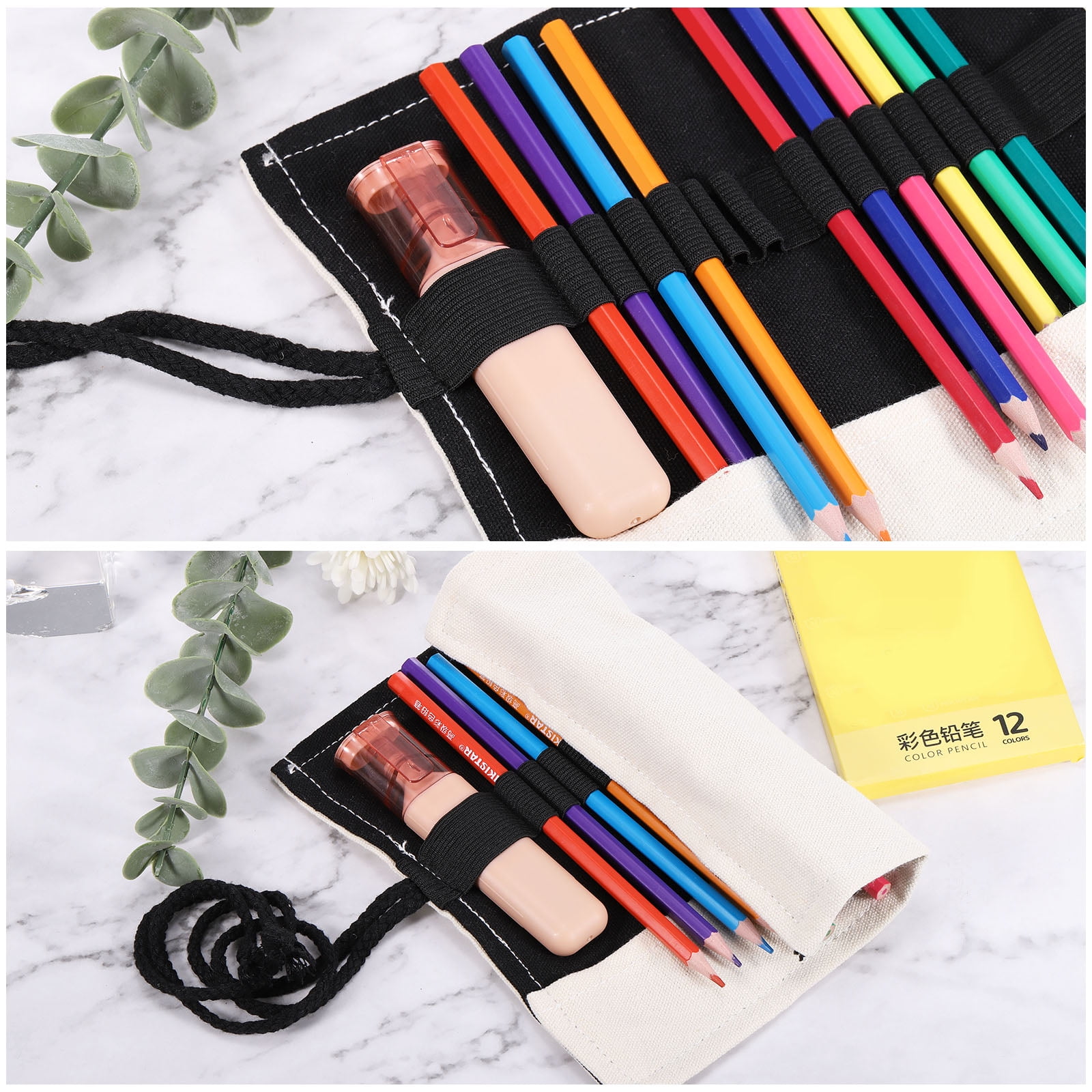 Unique Bargains Roll Up Pencil Case, Canvas Pencil Wrap Pouch Organizer 18.11"x7.87" Black