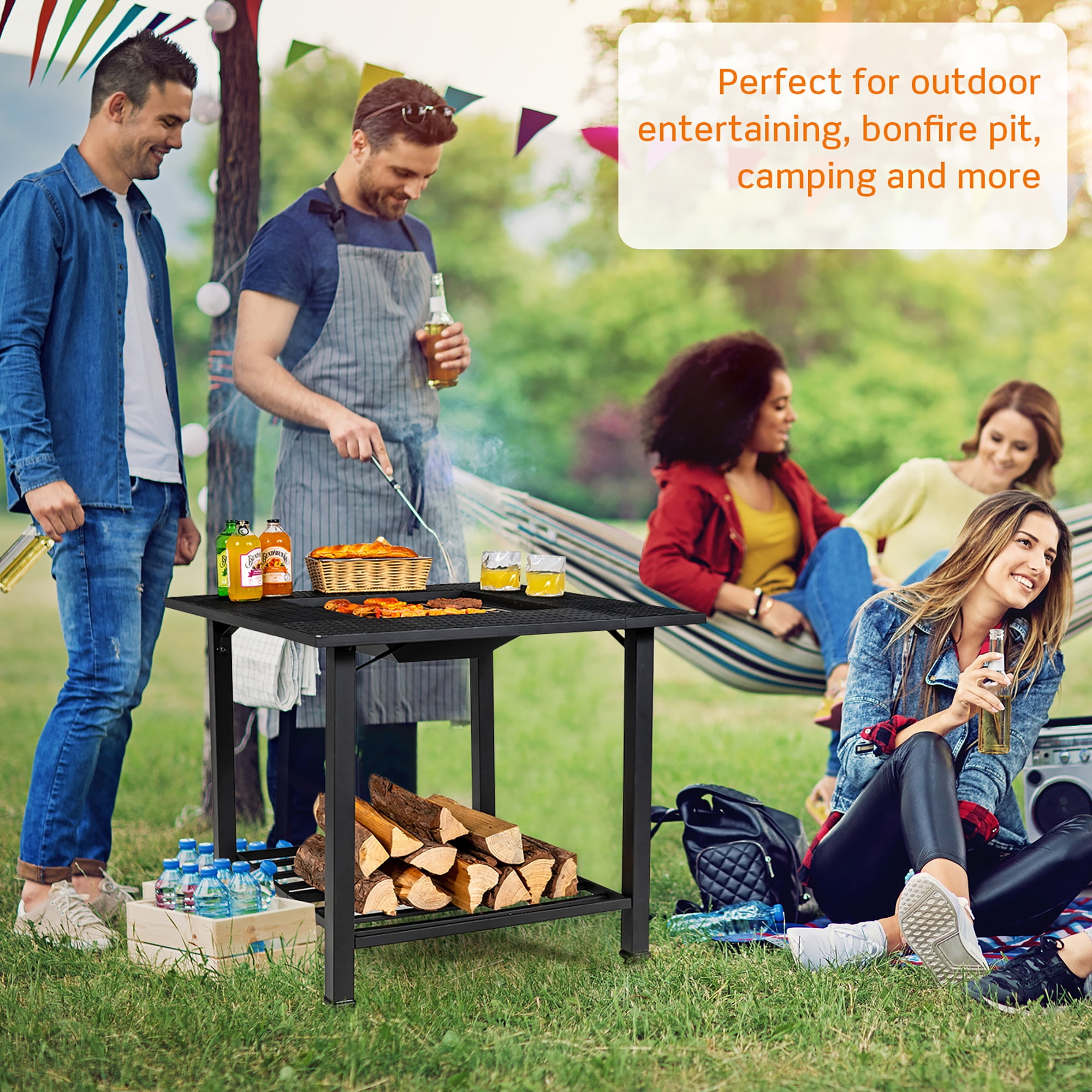 Costway 31'' Outdoor Fire Pit Dining Table Charcoal Wood Burning W/ Cooking BBQ Grate