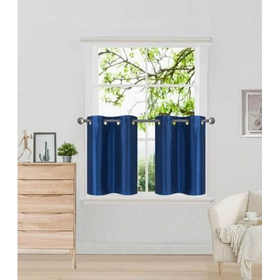 D2 Royal Blue 1-Pair of Solid Insulated  Grommet Treatment Curtains for Short Windows, Livingroom, Bathroom or Kitchen, Two (2) Piece Faux Silk Blackout Tier Panels 30" Wide x 24" Length Each