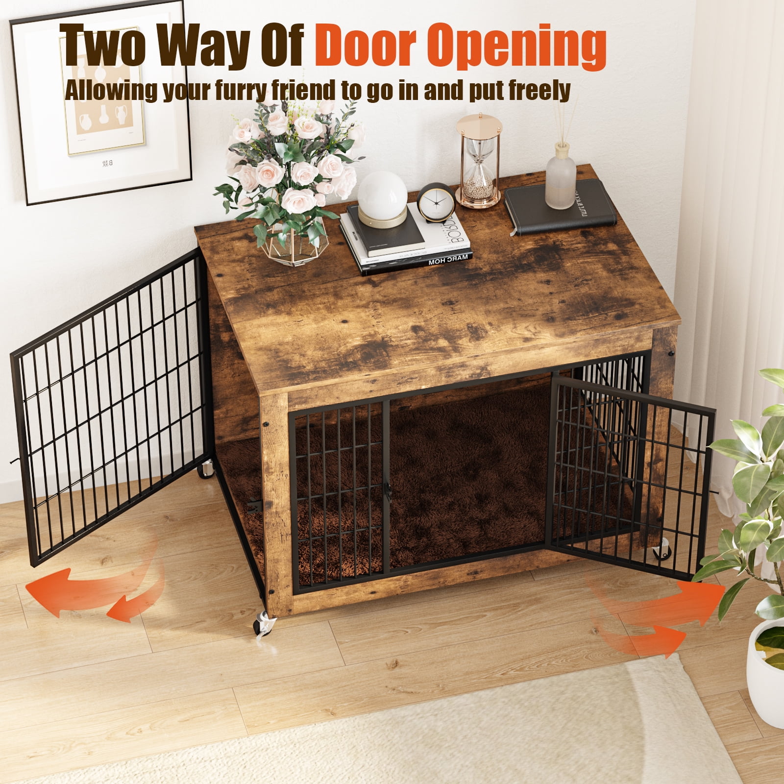 Waleaf Dog Crate Furniture with Cushion, Double Doors Wooden Dog Kennel Indoor with Wheels
