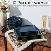 Vesteel 12 Pieces Square Dinnerware Sets, Ceramic Plates and Bowls Sets for 4, Handmade Reactive Glaze Dishes Set for Kitchen Dining, Microwave & Dishwasher Safe, Ocean Blue
