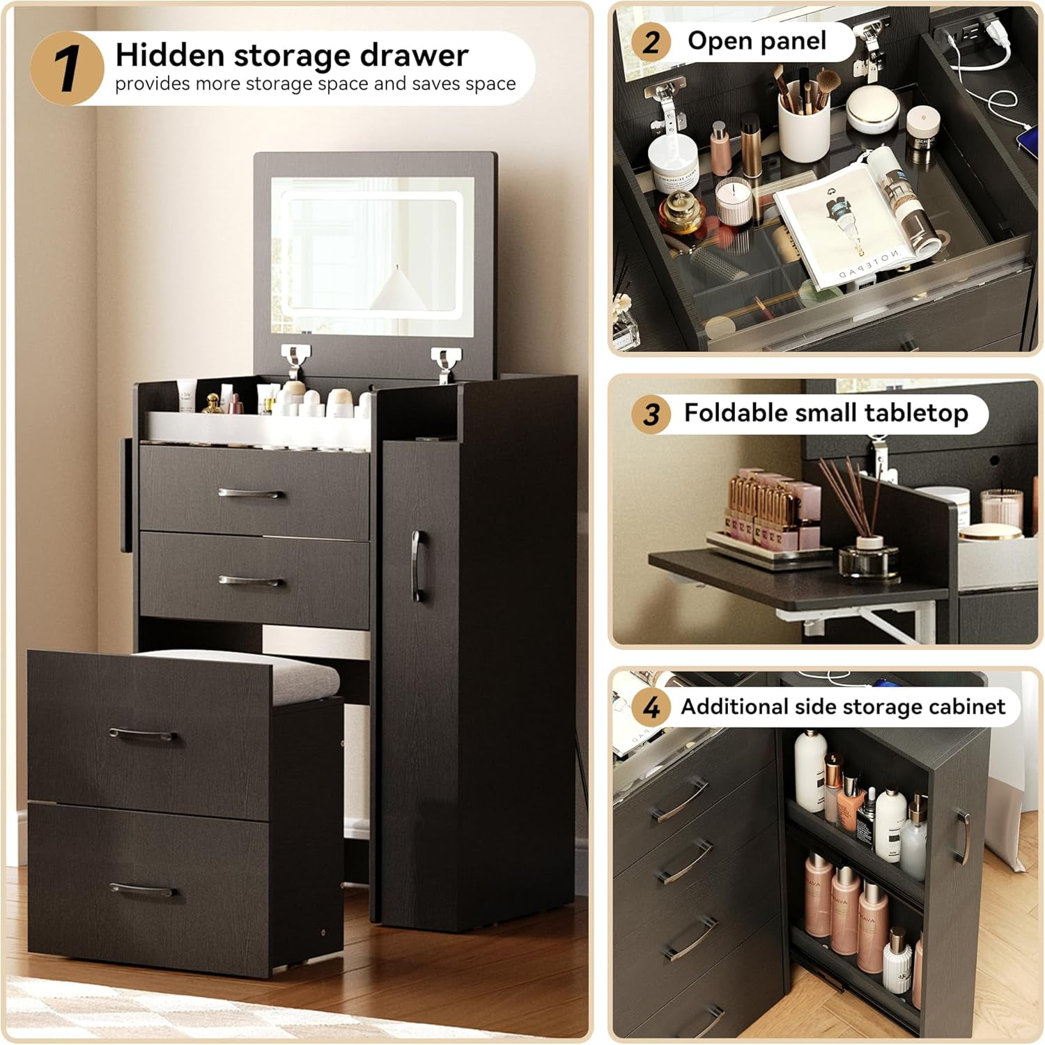 Herture 3 in 1 Vanity Desk with Flip Top Mirror, LED Lights, Side Cabinet,Collapsible Desk Panel, Hidden Stool with Storage, Small Makeup Vanity Table with Power Outlets, Compact Vanity,Black PT01DTB