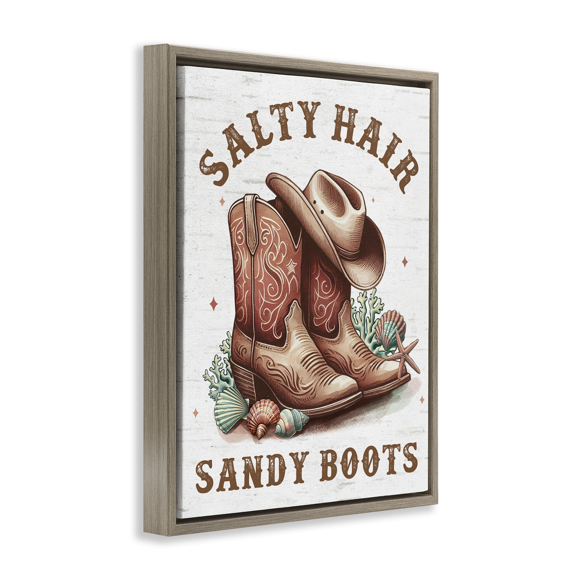 Stupell Industries Coastal Cowgirl Boots Plants & Flowers Painting Brown Floater Framed Canvas Art Print Wall Art, 17 x 21