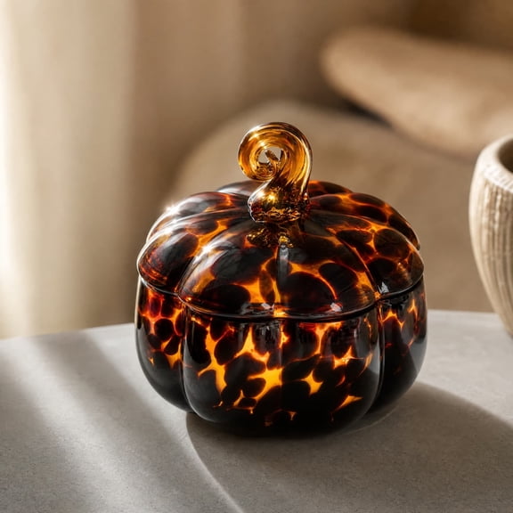 Pumpkin Glass Jar Scented Candle with Stem Lid, 6" Tortoiseshell 3-Wick Soy Wax Fall Aromatherapy Candle for Tabletop Decor