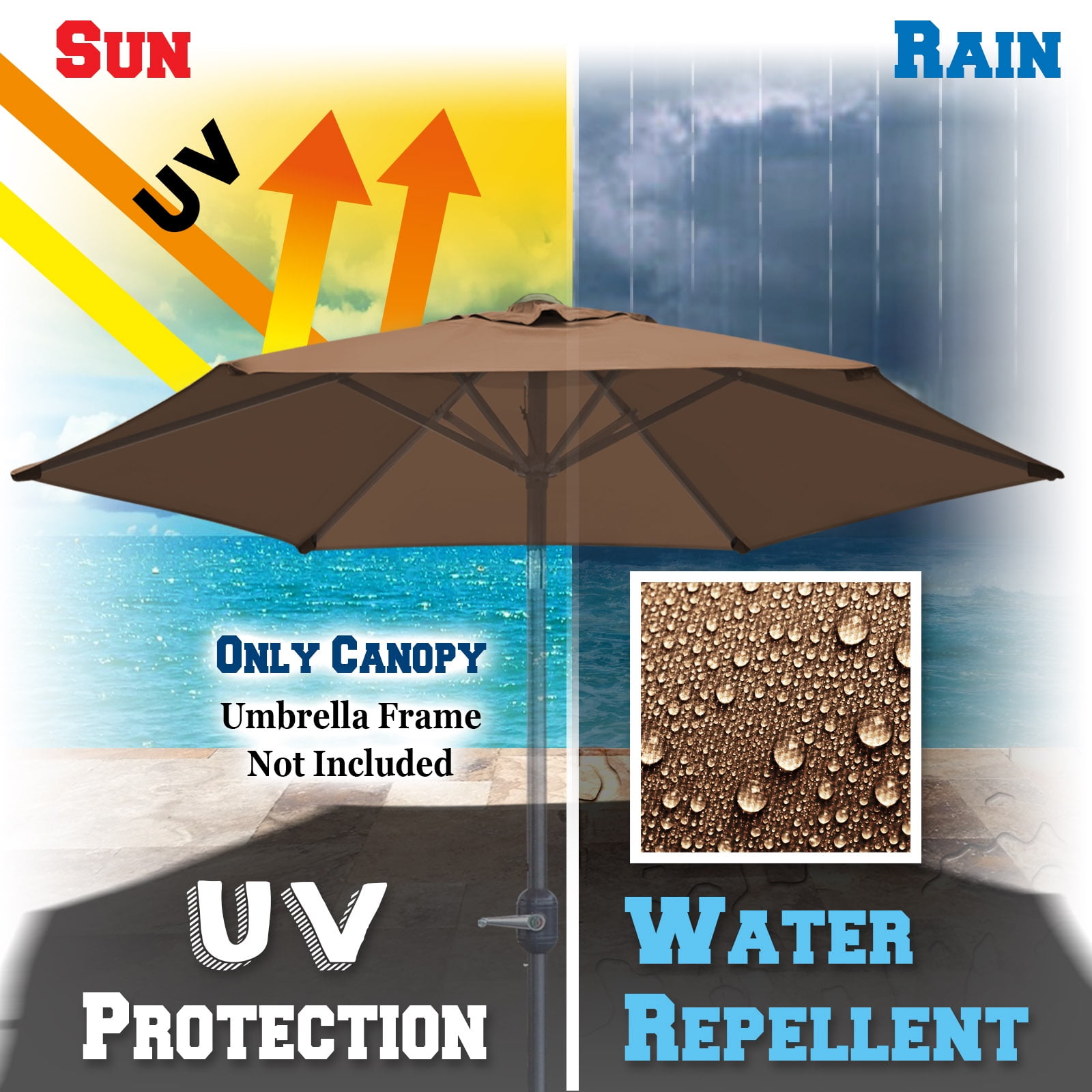 Sunrise Replacement Umbrella Canopy Cover for 6.5' 6 Ribs Outdoor Patio Market Umbrella, Canopy Only, (Brown)